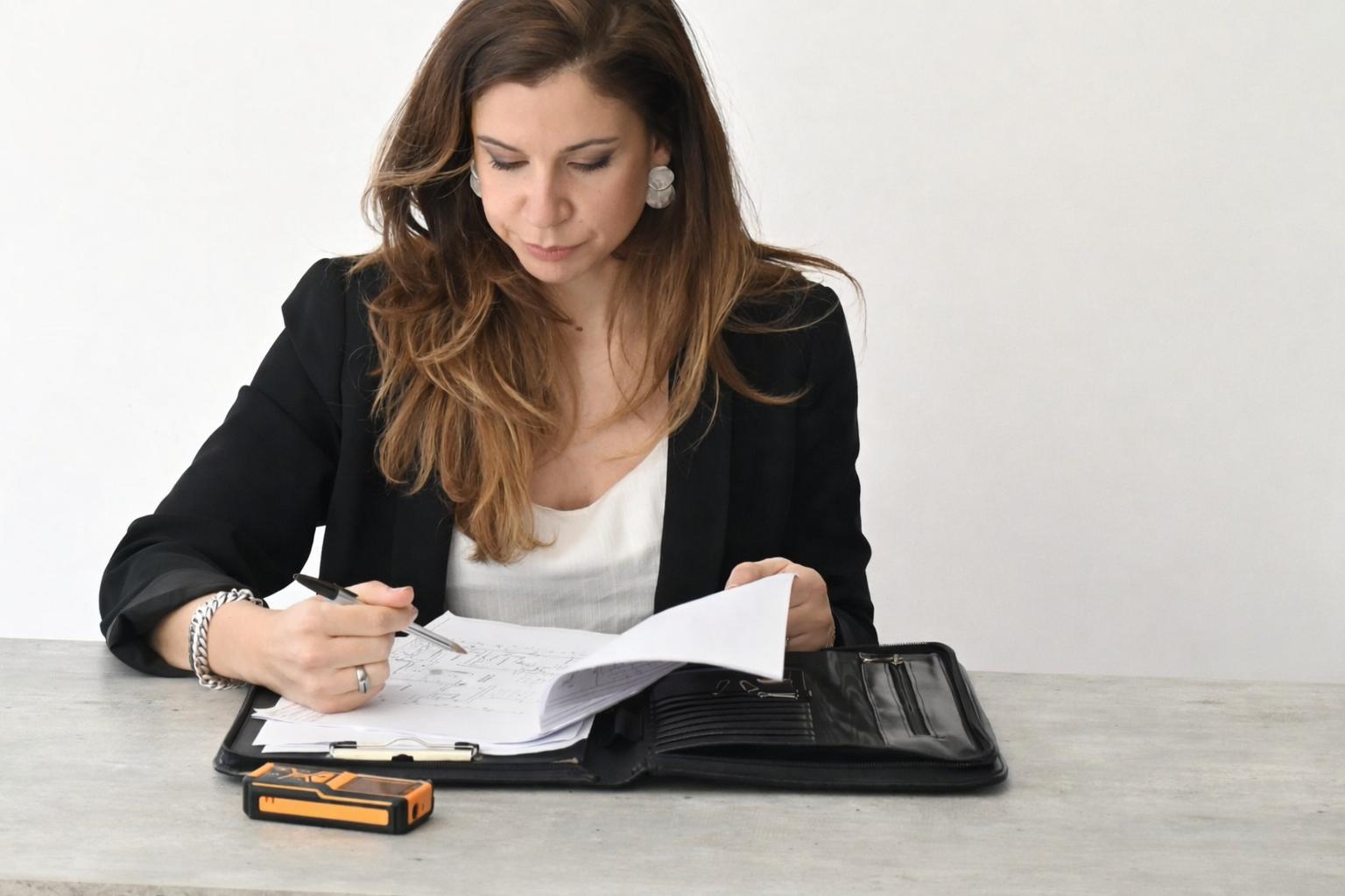 Valentina De León revisando documentación de una propiedad